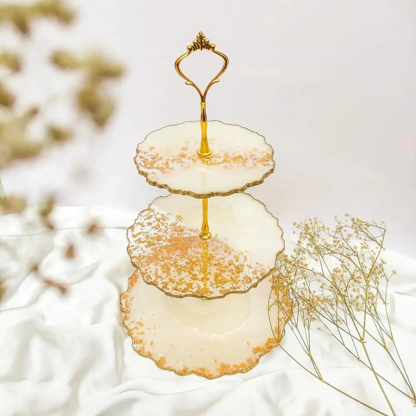 Elegant Resin 3 Tier Cake Stand - White Gold/Silver Finish, Dessert Display