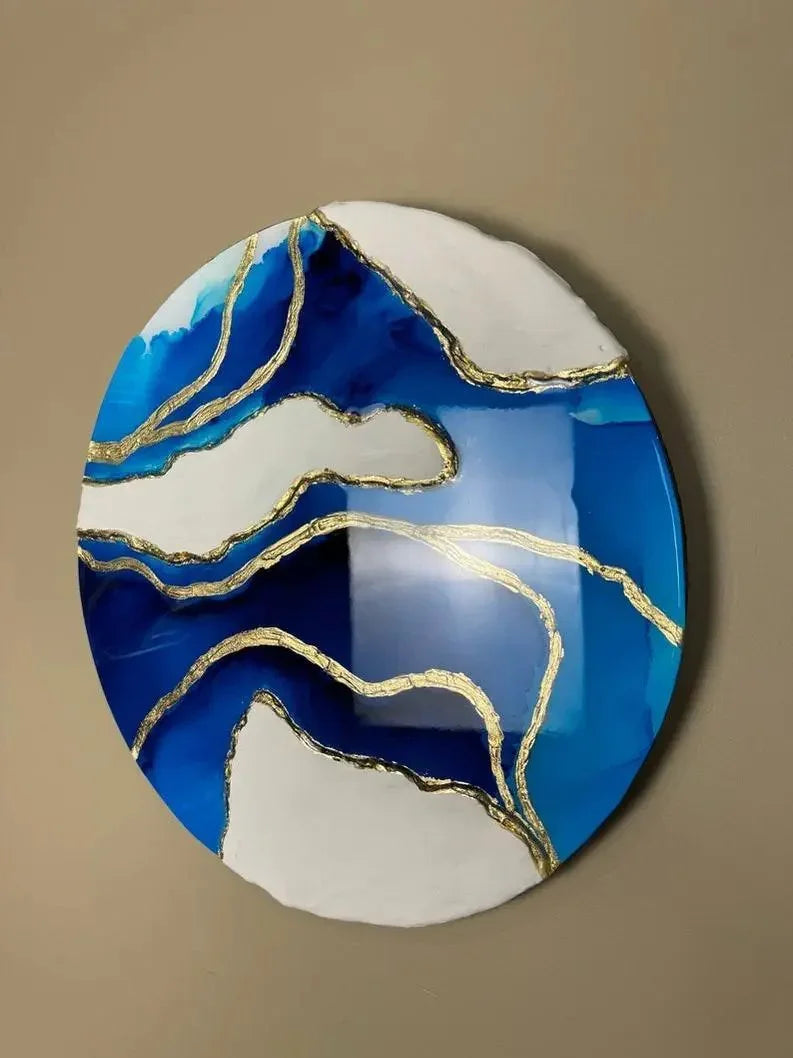 Modern Round Resin Wall Art with Blue and White Texture