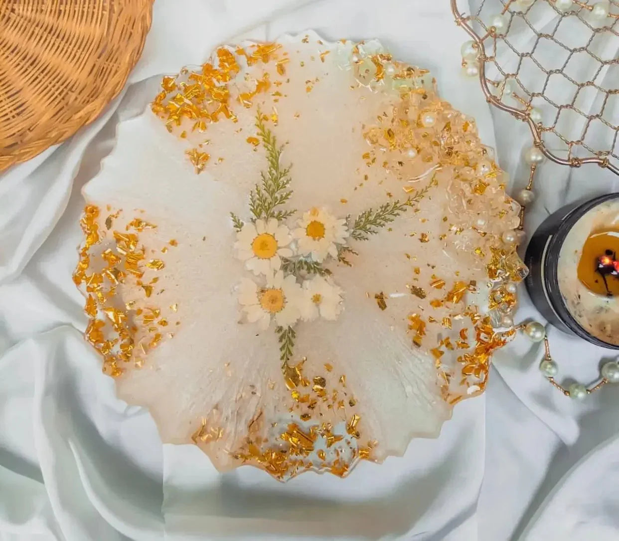 Elegant Floral Resin Vanity Tray, 10-inch Decorative Countertop Organizer Dish